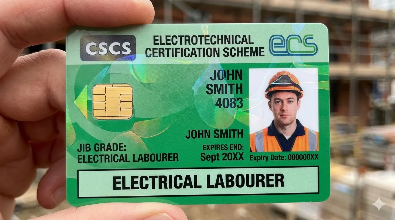 Construction worker holding ECS Green Card wearing safety helmet and high visibility vest on site