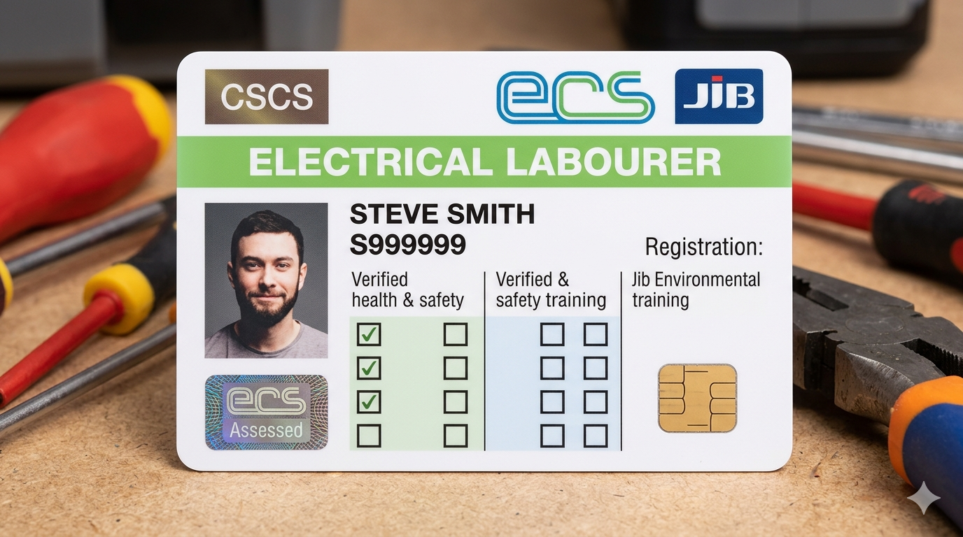 A 2026 Electrotechnical Certification Scheme card displayed alongside electrical testing equipment on a job site.