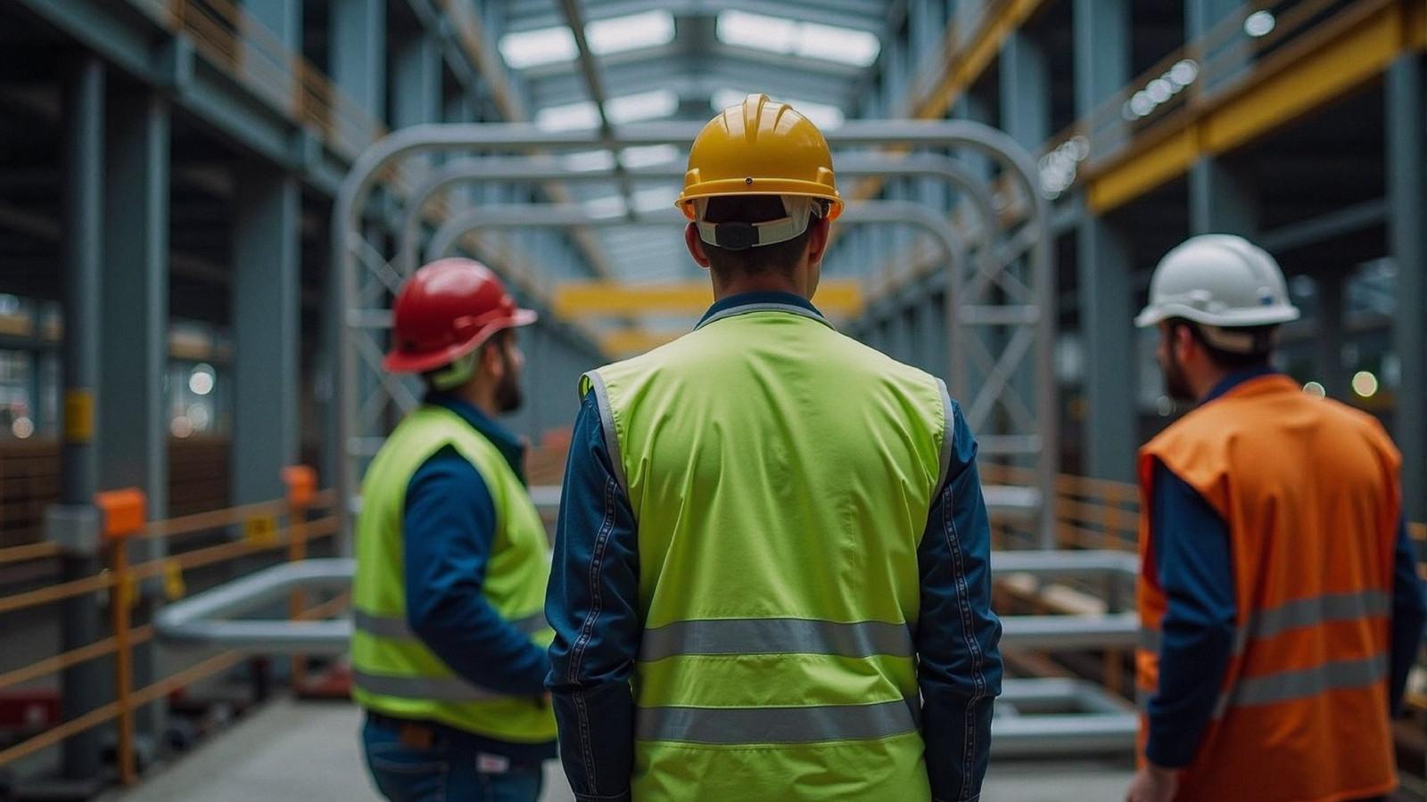 Construction workers wearing hard hats and high-visibility vests supervising a project inside an industrial building.