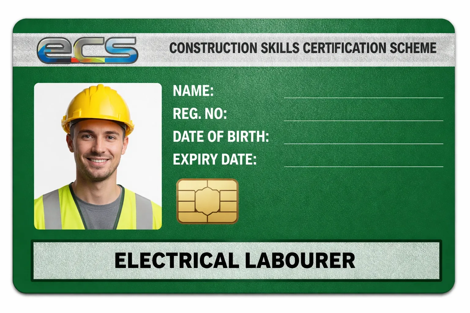 Electrical labourer wearing safety gear on a construction site holding tools and ECS card