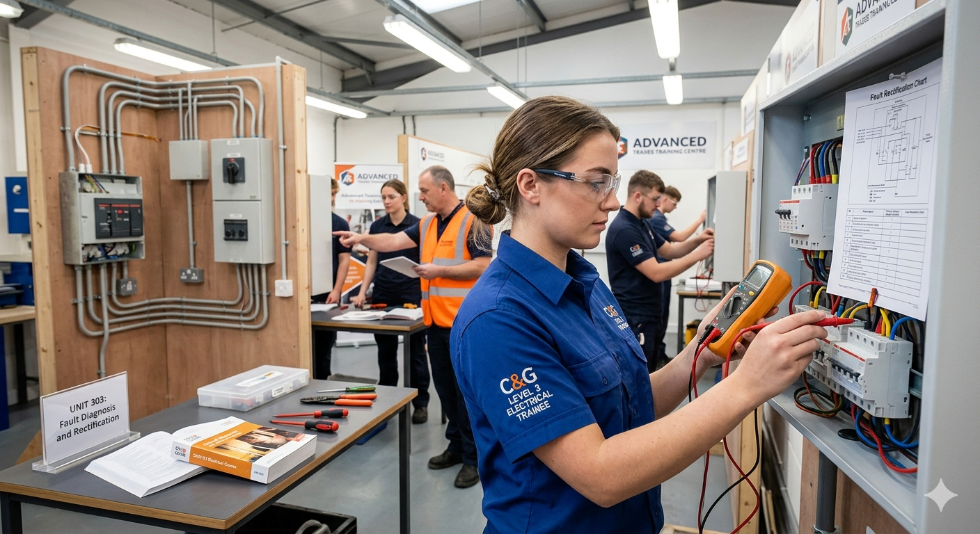 An experienced electrician diagnosing complex faults on a commercial distribution board while completing a City & Guilds 2365-03 Level 3 electrical course.