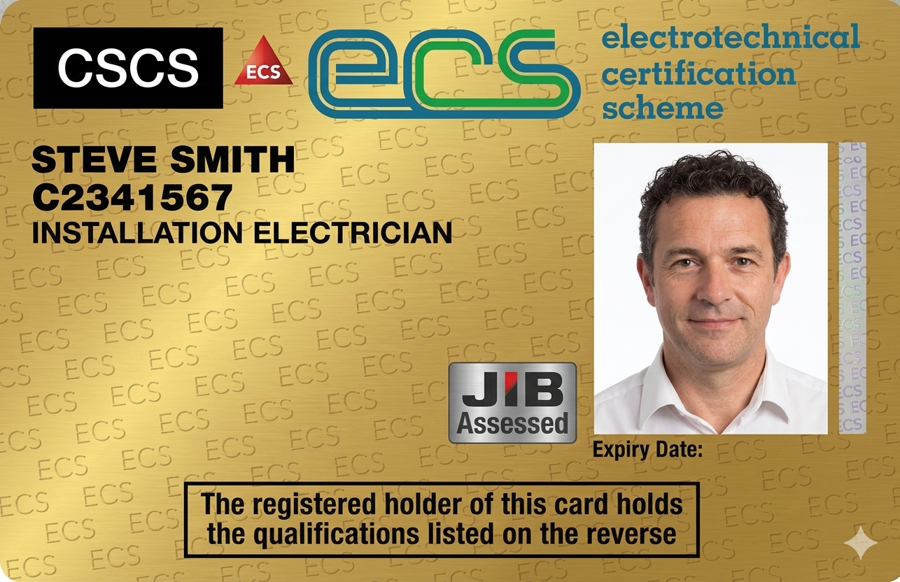 A professional electrician holding a valid JIB ECS Gold Card on a commercial construction site