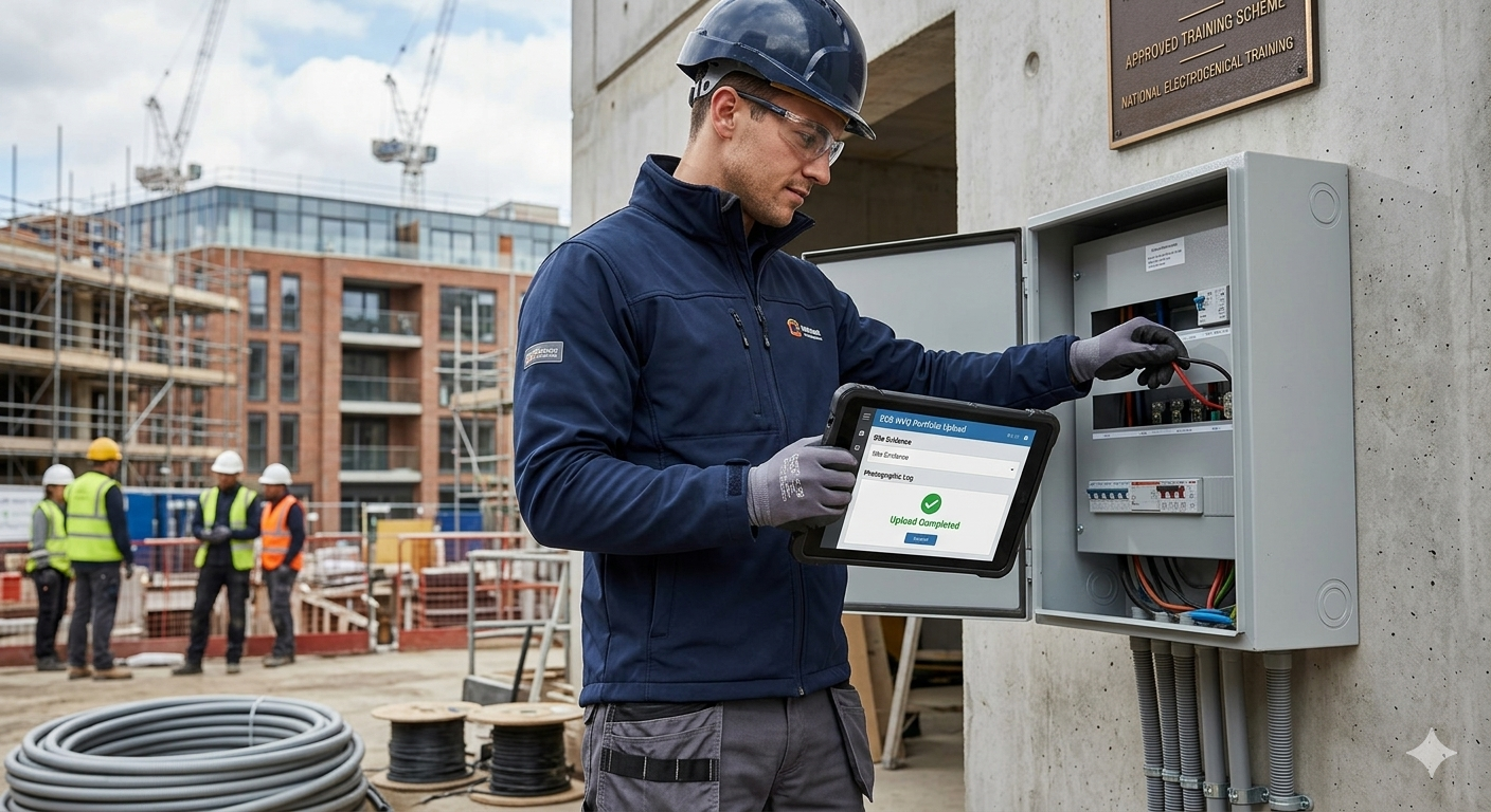 An experienced electrician completing their City and Guilds 2357- 44 NVQ Level 3 Qualification portfolio on a tablet while reviewing distribution boards on a commercial site.