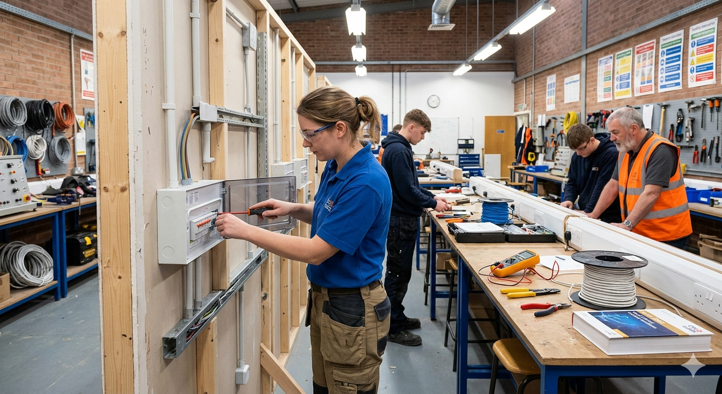 A trade beginner learning practical installation skills during a City & Guilds 2365-02 Level 2 electrical course inside a realistic workshop environment.