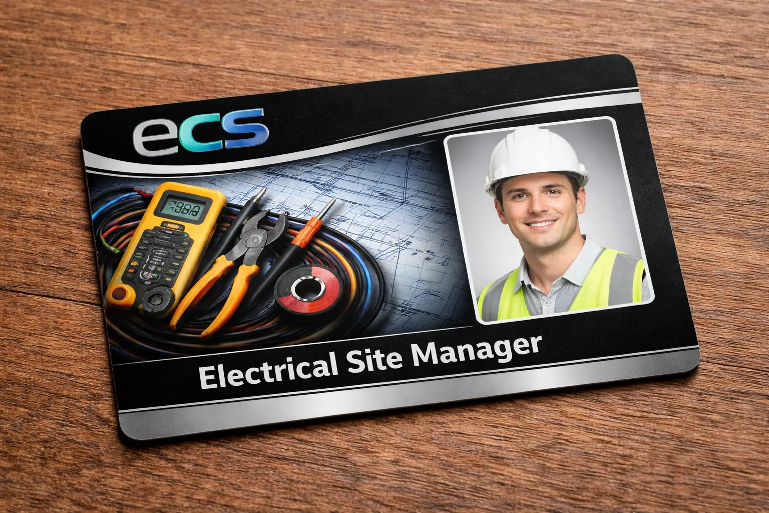 Electrical site manager wearing PPE holding ECS black card while supervising construction site operations