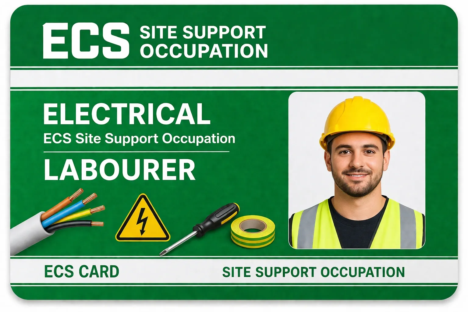 Entry-level construction worker wearing PPE holding ECS green site occupation card on an active worksite