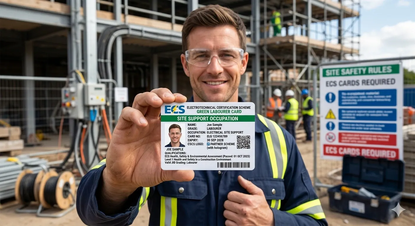 Construction site support worker wearing PPE and assisting electrical team on site with ECS card