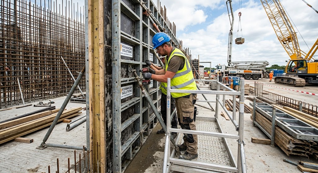 An experienced shuttering carpenter erecting timber structures to earn a professional nvq formwork qualification.