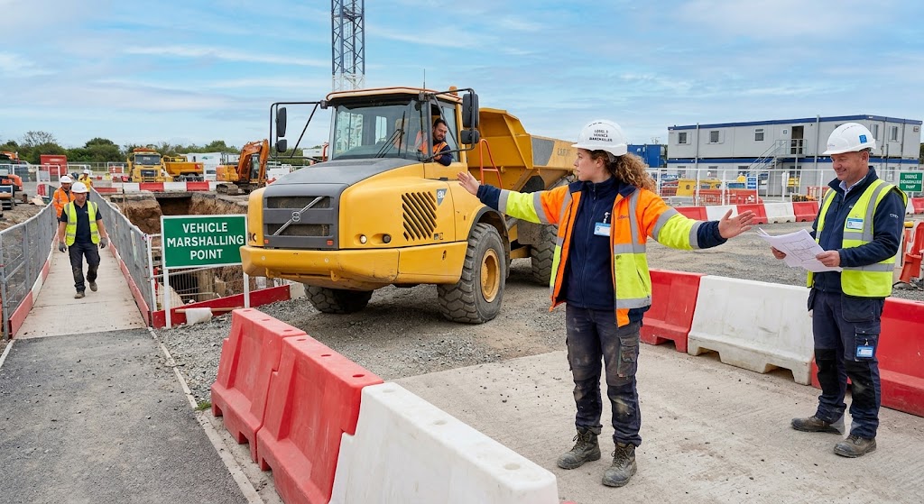 A certified traffic coordinator uses approved hand signals to earn their permanent Blue Card Marshaller credential.